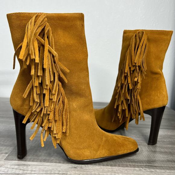 Vintage Shoes - 90s Fringe Square Toe Heeled Boots Tan Suede Western Predictions 7 1/2